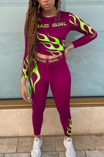 Wine Red Fashion Casual Adult Milk Fiber Print Patchwork O Neck Long Sleeve Regular Sleeve Short Two Pieces