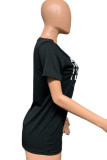 Black White Black One word collar Short Sleeve Letter Print Tops