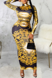 Multicolor Sexy Print Patchwork Half A Turtleneck Pencil Skirt Dresses