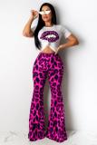Red Fashion Casual adult Leopard Lips Print Print Loose Short Sleeve