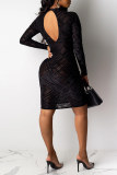 Black Fashion Casual Patchwork Hollowed Out See-through O Neck Long Sleeve Dresses