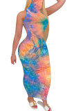 Blue Fashion Sexy adult Blue Orange Yellow purple Off The Shoulder Sleeveless Turtleneck Step Skirt Ankle-Length Print Patchwork Tie and dye Dresses