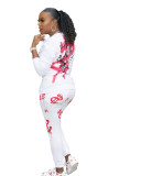White Elastic Fly Print pencil Pants Two-piece suit