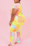 Blue Fashion Casual adult Ma'am O Neck Tie Dye Two Piece Suits Plus Size