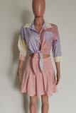 Pink Fashion Casual Patchwork Basic Turndown Collar Short Sleeve Two Pieces