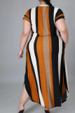Yellow Brown Casual Striped Patchwork High Opening V Neck Short Sleeve Dress Plus Size Dresses