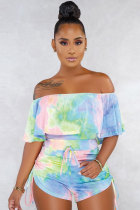 Blue Sexy Fashion Print Ruffled Patchwork Short Sleeve one word collar 
