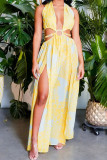 Yellow Sexy Print Bandage Hollowed Out Backless Zipper Halter Beach Dresses