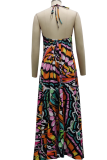 Multicolor Sexy Print Backless Halter Cake Skirt Dresses