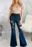 Dark Blue Casual Solid Ripped Mid Waist Boot Cut Denim Jeans