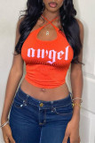 Tangerine Red Fashion Sexy Letter Print Hollowed Out Backless Tops