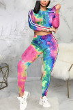 Rose Red Sexy Print Tie-dye Hooded Collar Long Sleeve Two Pieces