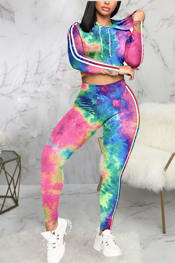 Rose Red Sexy Print Tie-dye Hooded Collar Long Sleeve Two Pieces
