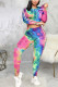Rose Red Sexy Print Tie-dye Hooded Collar Long Sleeve Two Pieces
