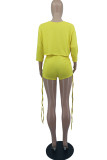 Fluorescent Green Fashion Casual Solid Fold O Neck Half Sleeve Two Pieces
