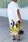 Pink Fashion Casual Print Asymmetrical Turndown Collar Shirt Dress