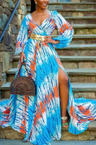 Blue Milk. Fashion adult Ma'am OL Cap Sleeve 3/4 Length Sleeves V Neck Swagger Floor-Length Print Dresses