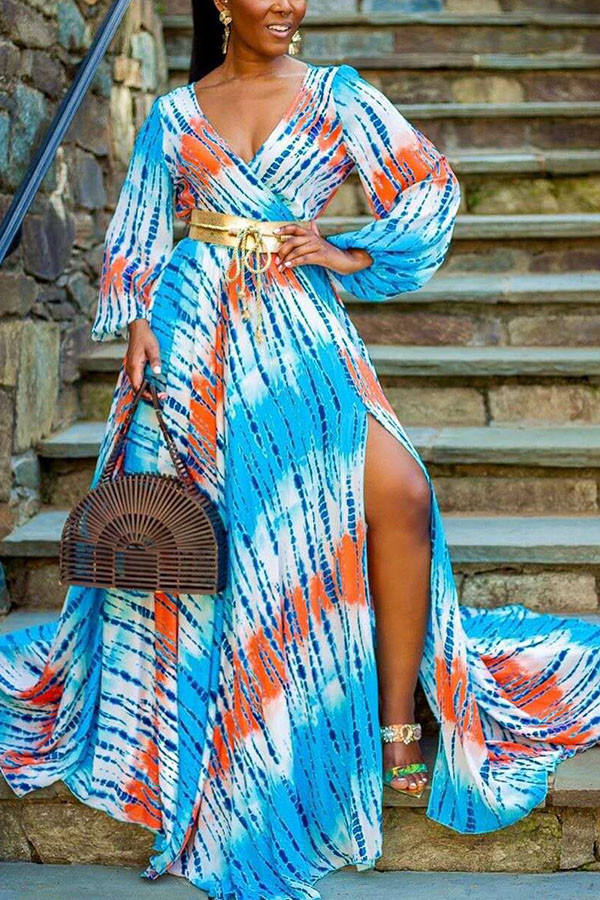 Blue Milk. Fashion adult Ma'am OL Cap Sleeve 3/4 Length Sleeves V Neck Swagger Floor-Length Print Dresses