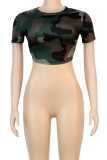 Camouflage Multi-color Camouflage O Neck Short Sleeve Patchwork Print Slim fit backless Camouflage Tie Dye Bandage crop top Tops