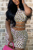 Pink Sexy Leopard Patchwork Spaghetti Strap Sleeveless Two Pieces