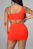 Black Sexy Solid Patchwork Draw String Asymmetrical One Shoulder Two Pieces