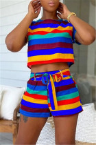 Blue Fashion Casual Striped Print Basic O Neck Short Sleeve Two Pieces