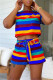 Blue Fashion Casual Striped Print Basic O Neck Short Sleeve Two Pieces