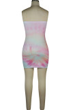 Green Fashion Sexy adult Ma'am Green Pink Off The Shoulder Sleeveless One word collar Step Skirt Knee-Length Print Patchwork Dresses