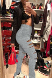 Grey Fashion Casual Solid Ripped Slit Fold Skinny Mid Waist Trousers