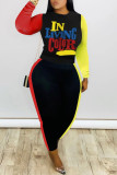 Black Fashion Print Patchwork O Neck Long Sleeve Two Pieces