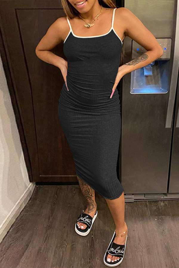Black Casual Solid Patchwork Spaghetti Strap Pencil Skirt Dresses