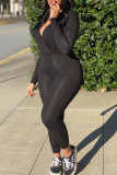 Black Fashion Casual Solid Basic V Neck Regular Jumpsuits