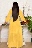 Yellow adult Sexy Fashion Cap Sleeve Long Sleeves V Neck Swagger Ankle-Length Solid bandage Patch