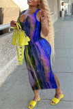 Red Fashion Sexy Print Tie Dye Slit U Neck Vest Dress