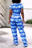 Blue Fashion Casual Basic O Neck Short Sleeve Two Pieces
