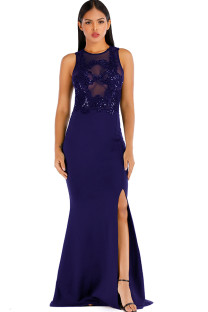 Royal blue Sexy Tank Short Sleeves O neck Step Skirt Floor-Length Solid Club Dresses