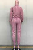 Deep pink Casual Two Piece Suits contrast color Solid Straight Long Sleeve Two-piece Pants Set