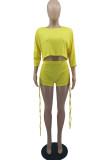 Fluorescent Green Fashion Casual Solid Fold O Neck Half Sleeve Two Pieces