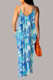 Blue Sexy Print Patchwork Spaghetti Strap Straight Dresses