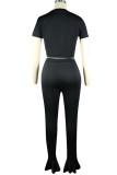 Fluorescent green Fashion Sexy adult Ma'am Patchwork Solid Two Piece Suits Straight Short Sleeve Two Pieces