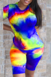 Fluorescent Green Casual Patchwork Tie-dye O Neck Short Sleeve Two Pieces