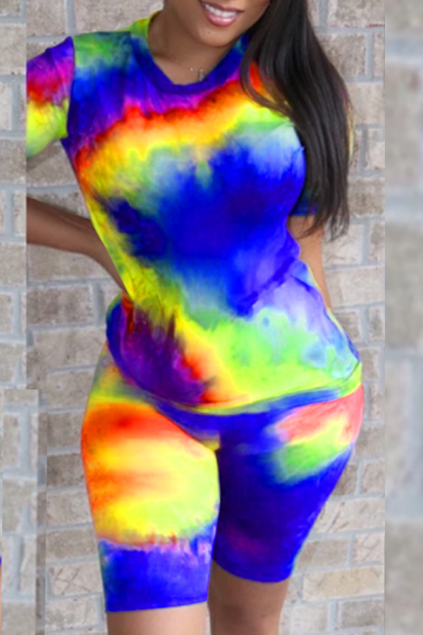 Blue Casual Patchwork Tie-dye O Neck Short Sleeve Two Pieces