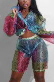 Colour Sexy Casual Print Patchwork See-through Turndown Collar Long Sleeve Two Pieces