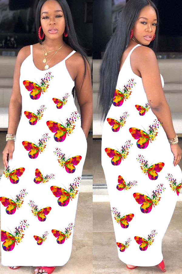 White Fashion Street White Brown Yellow Spaghetti Strap Sleeveless V Neck Pencil Dress Floor-Length Print Floral Animal Dresses