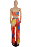 Blue Orange Fashion Sexy Print Tie Dye Backless Slit Strapless Sleeveless Two Pieces
