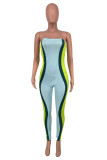 Light Blue Fashion Sexy Patchwork Backless Strapless Skinny Jumpsuits