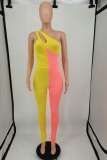 Pink Sexy Solid Patchwork One Shoulder Skinny Jumpsuits