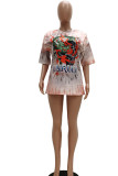 purple Blue Pink purple O Neck Short Sleeve Patchwork Print Tie Dye Tops