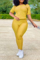 Yellow Casual Solid Patchwork O Neck Short Sleeve Two Pieces