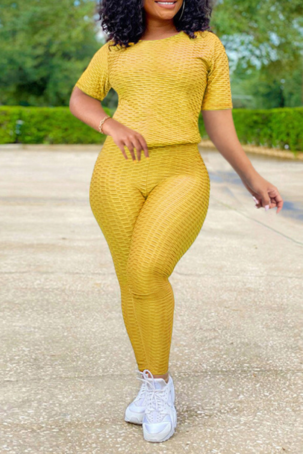 Yellow Casual Solid Patchwork O Neck Short Sleeve Two Pieces